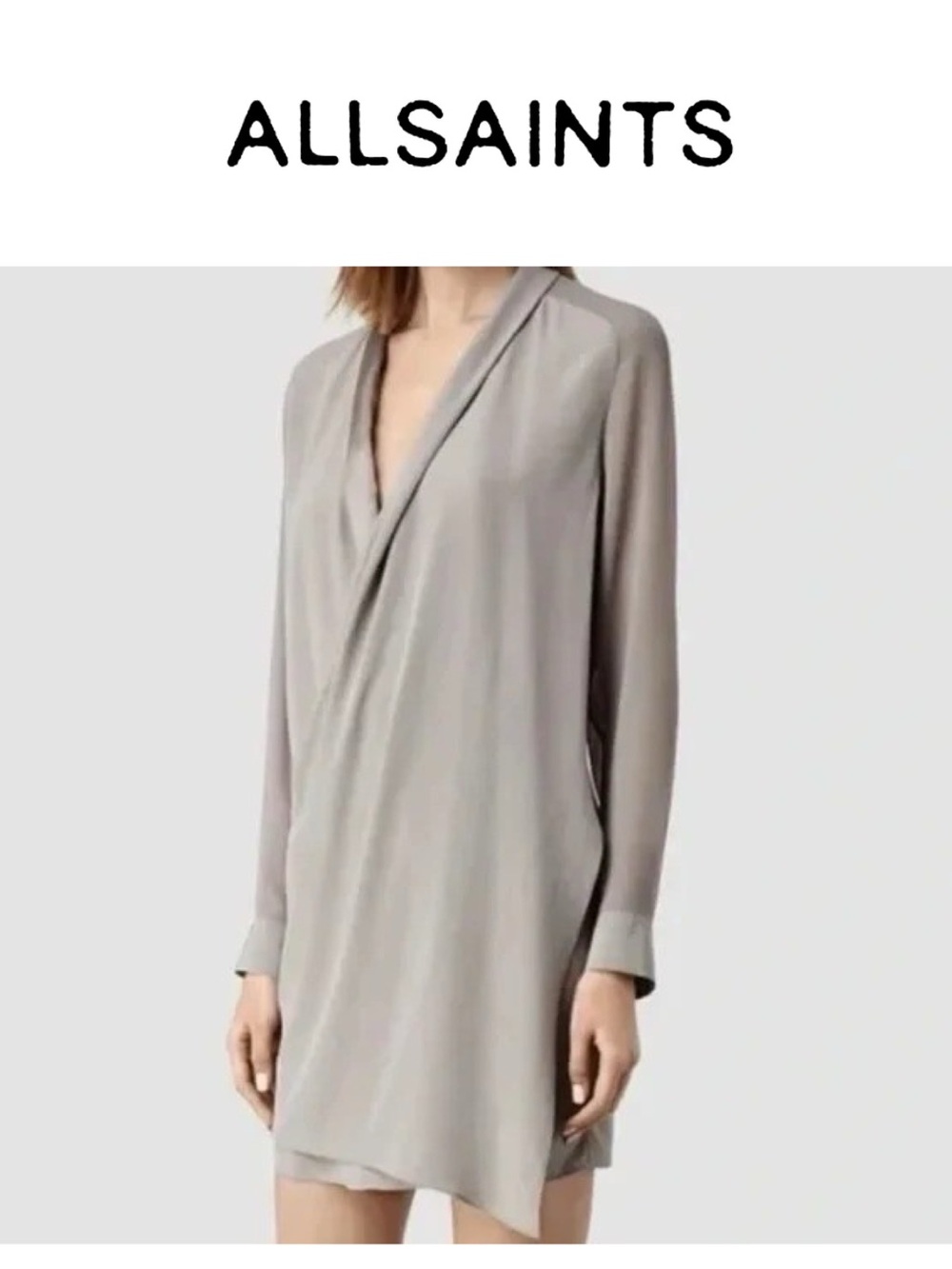 All Saints silk Faux Wrap-Front Long Sleeve Shift Dress